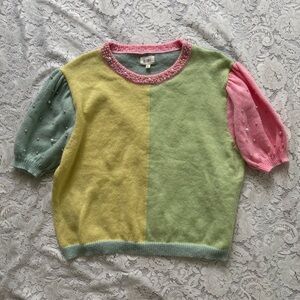BiBi Color Block Pastel Sweater With Pearl Beaded Detail Coquette Size L